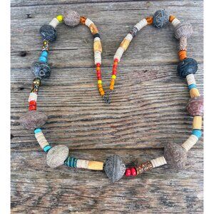 Vintage African Trade Bead Necklace HUGE Clay Beads millefiori Glass Sterling Cl